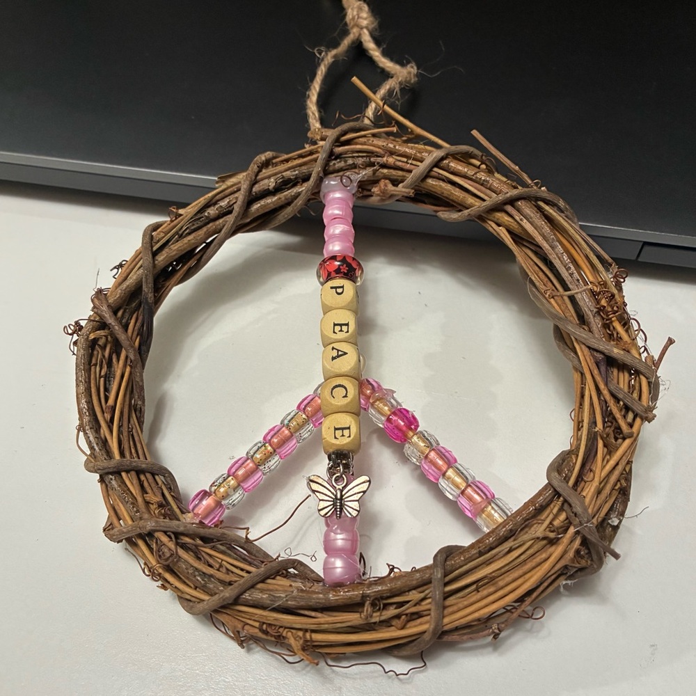 Handmade Rustic Peace Sign Wreath with Pink Beads